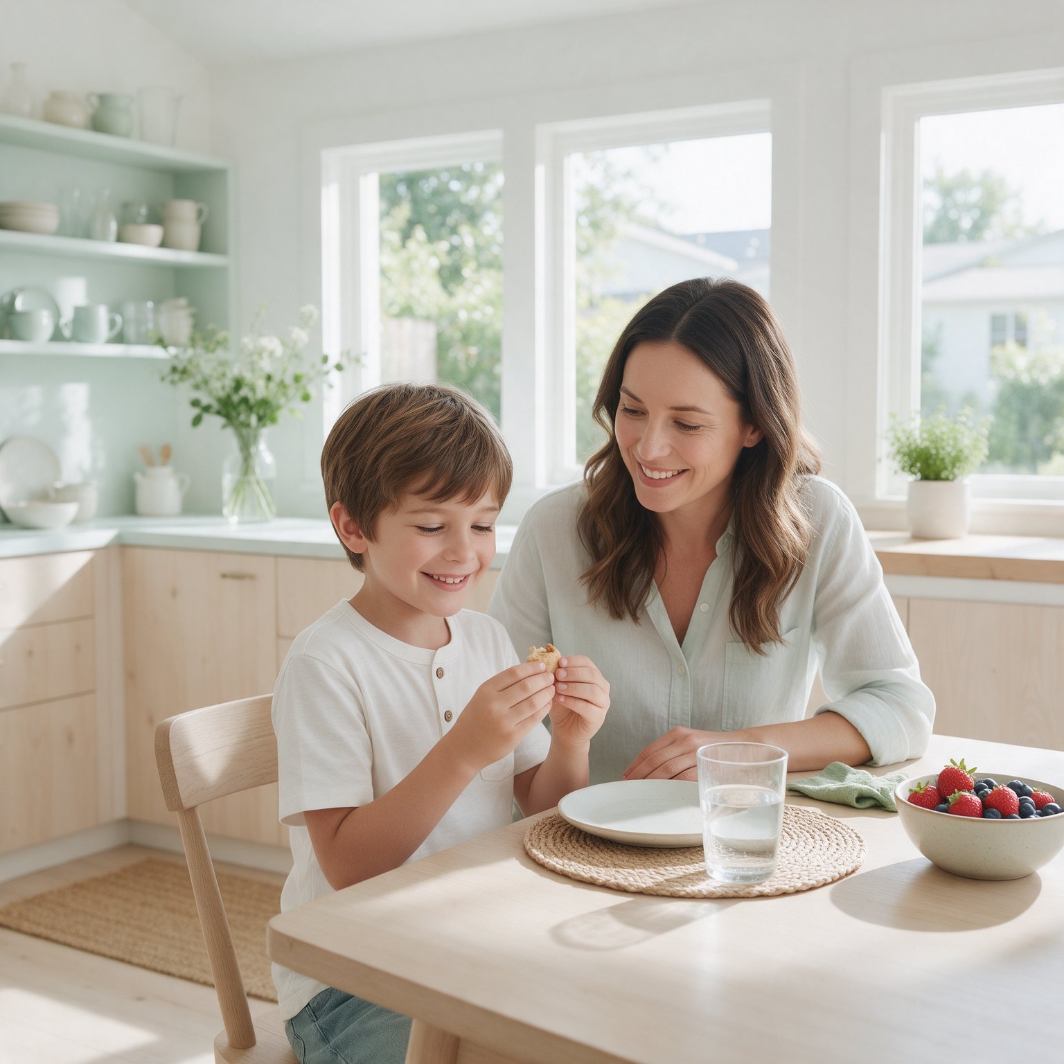 Bambino che fa merenda al tavolo di cucina accanto alla mamma
